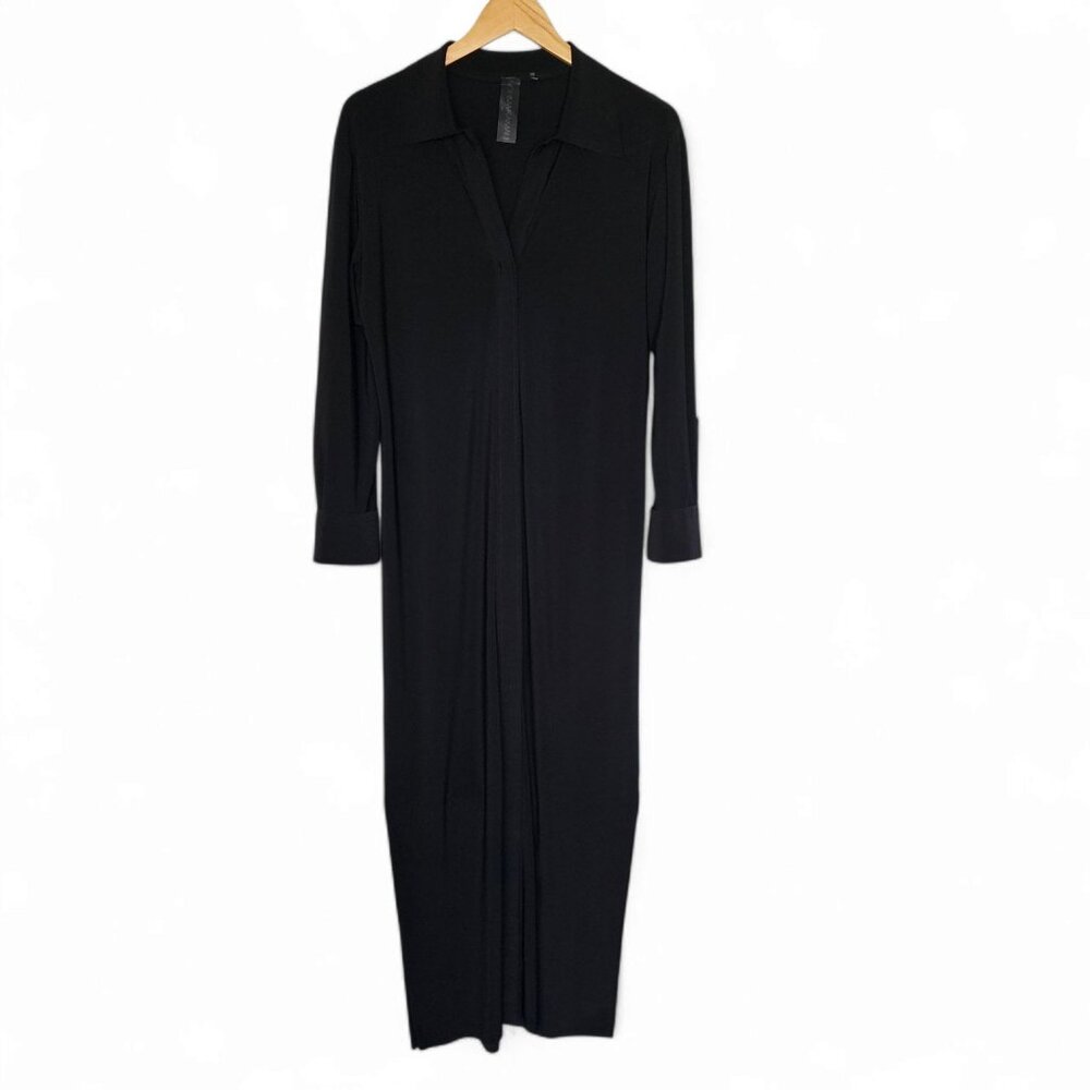Norma Kamali Black Maxi Shirt Dress‎ Size XS Long Sleeve Minimalist Quiet Luxury